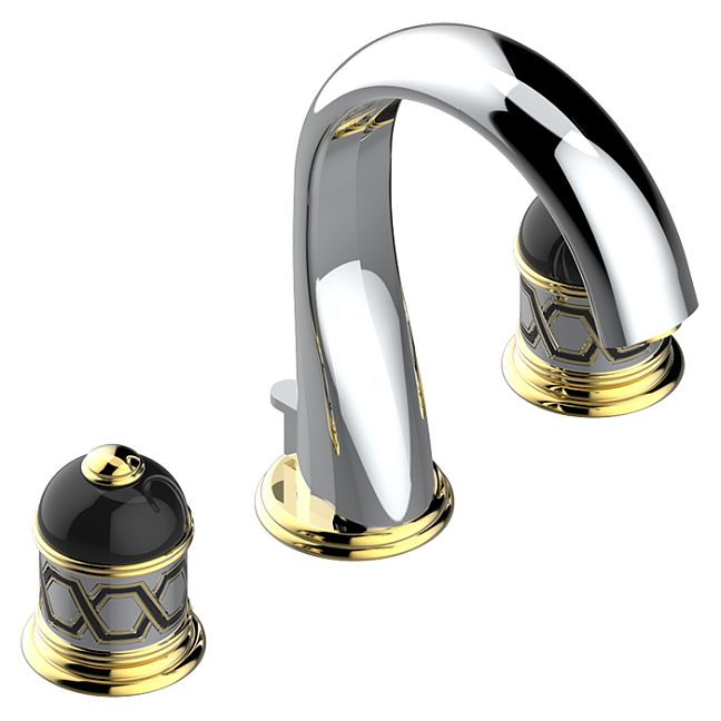 THG Duomo Смеситель для раковины, 3 отв., декор Aranja/хрусталь, цвет: никель/золото