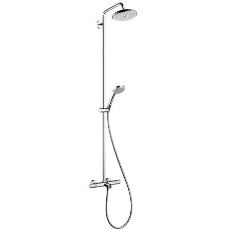 Душевая система Hansgrohe Croma Showerpipe: верхний душ 220 1jet, ручной душ, термостат для ванны, штанга для душа, держатель, излив 186мм, цвет: хром