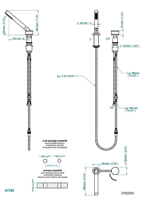 Смеситель THG Yoko Color на борт с ручным душем с ручкой одновременной регулировки – потока/температуры