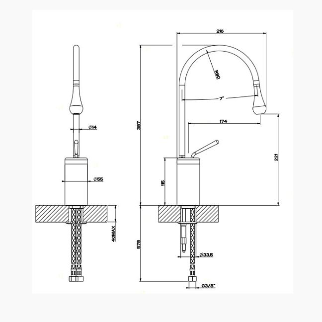Gessi Goccia Смеситель для раковины на 1 отверстие, высокий, излив 174мм R=90, хром