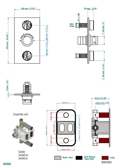 Накладка с ручкой регулировки температуры THG Yoko Ice и двумя маховиками для термостатического смесителя 5400AE