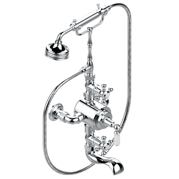 Смеситель  THG Charleston термостатический настенный для ванны/душа - запорные краны - 150 мм между центрами - с высокими телефонными рожками, душевая лейка и шланг 1,50 м (без верхней лейки)