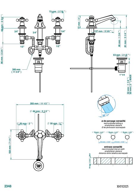 Смеситель THG Charleston  для раковины на три отверстия устанавливаемый на борту с донным клапаном