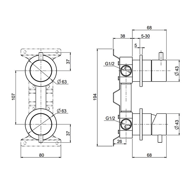 QuadroDesign Source 1247.00AS Смеситель из стены с переключателем на 2 потребителя, цвет brushed stainless steel
