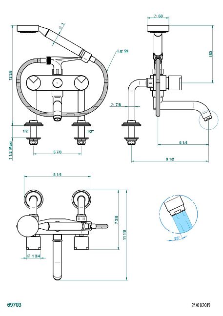 Смеситель для ванны THG Le 9 Howlite  с душем  устанавливаемый на борту на два отверстия с душем и шлангом - 150 мм между центрами G2H-13G