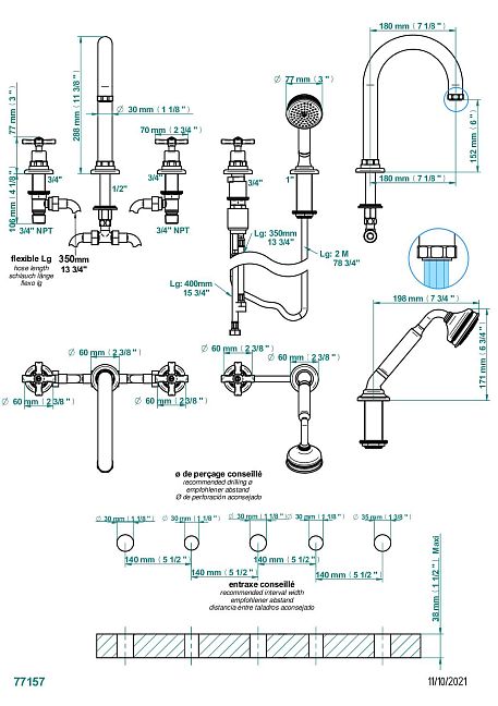 Смеситель THG Club Saint-Germain на борт ванны на 5 отверстий с душем, керамическим смесителем, 2 вентилями ¾" и изливом СУПЕР ГОЛИАФ