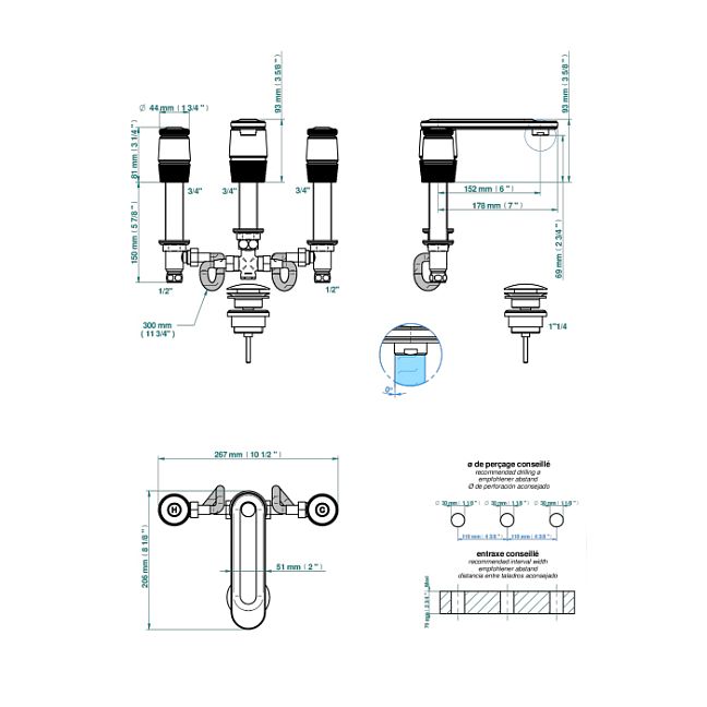 THG CORVAIR Смеситель для раковины на 3 отверстия, для установки на мраморную столешницу, с донным клапаном, цвет: Blush PVD