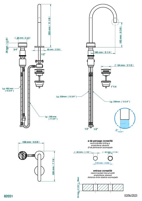 Смеситель  THG Yoko Ice с прогрессивным картриджем для раковины на 2 отверстия с краном, без донного клапана