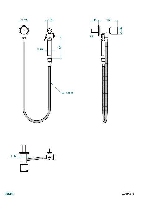 Душ гигиенический THG Le 9 Howlite  вентиль, 1.25 м шланг, крючок, вывод для душа и лейка с клапаном