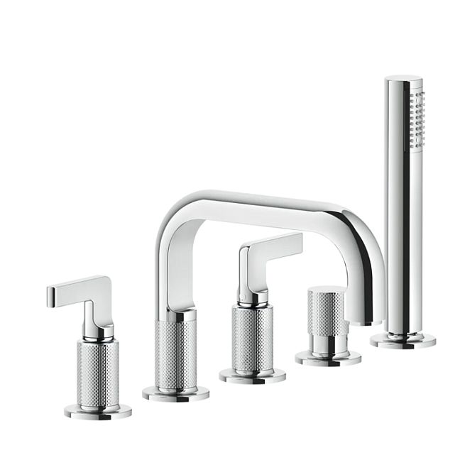 Gessi Inciso Смеситель для ванны на 5 отверстий с изливом, переключателем, ручным душем и шлангом 1,50 м, хром