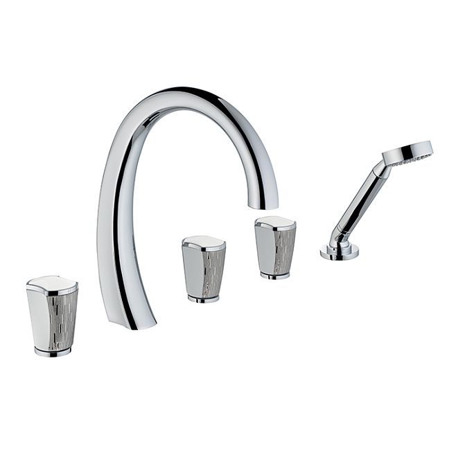 THG Infini white porcelain with platinum decor Смеситель на борт ванны на 5 отверстий, с прогрессивным смесителем для ручного душа, ручной душ, цвет: хром