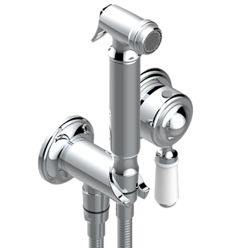 Комплект для душа THG 1900 a manettes, включающий смеситель, армированный шланг 1 м 25 см, ручной душ с курковым распылителем, выход из стены и предохранительный запорный клапан