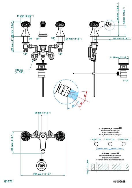 Комплект для биде THG Camelia Clear crystal на 3 отверстия с донным клапаном и краном на шаровом соединении
