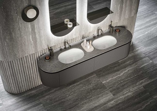 Комплект мебели 216х56xh45см, подвесной, мраморная столешница pietra medea, Матовый лакированный цвет "London Grey" / Глянцевый Black Nickel