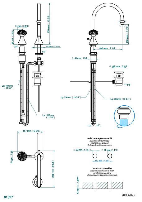 Смеситель THG Camelia Clear crystal с прогрессивным картриджем для раковины на 2 отверстия с краном, без донного клапана