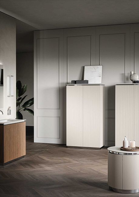  Комплект мебели Oasis Naos напольный, мраморная столешница, bianco carrara, Отделка: Рифленая текстура ореха / Хром
