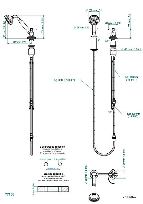 Смеситель THG Club Saint-Germain на борт ванны с ручным душем с ручкой одновременной регулировки – потока/температуры