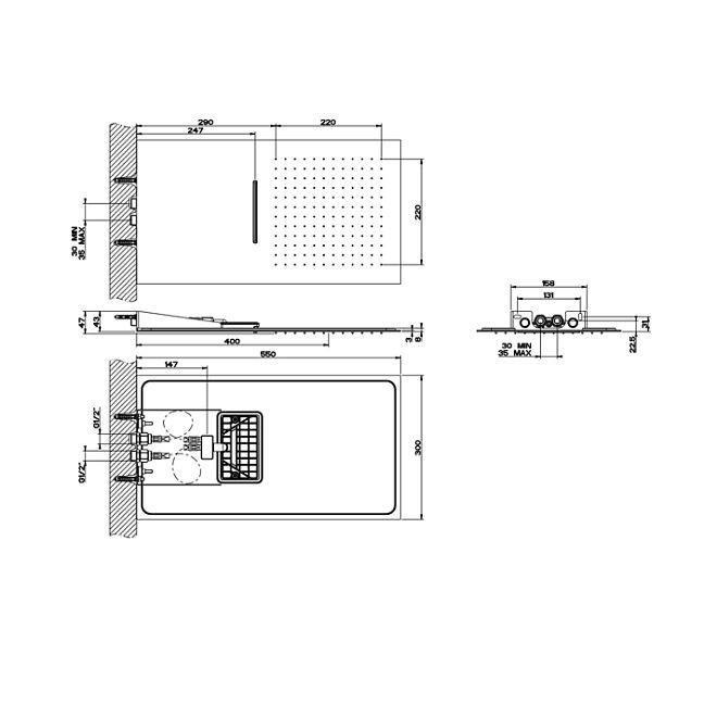 Gessi Tremillimetri Верхний душ QUADRO 300х550 мм, подключение: 1/2 Black XL (без переключателя)