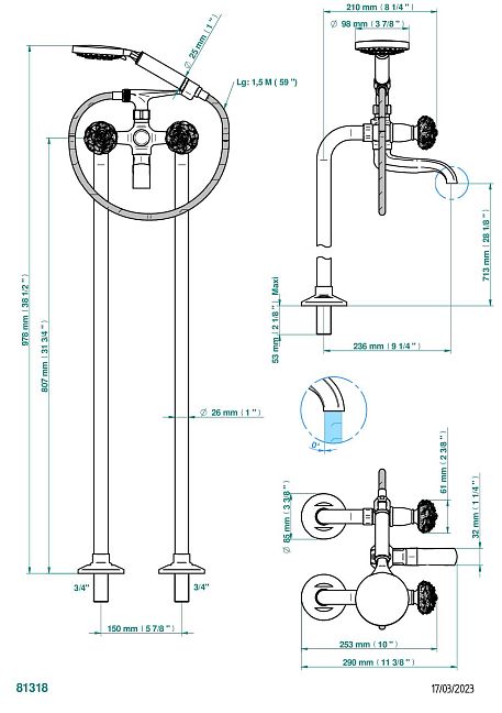 Отдельностоящий смеситель THG Camelia Black Crystal для ванны c душем с вертикальным подключением