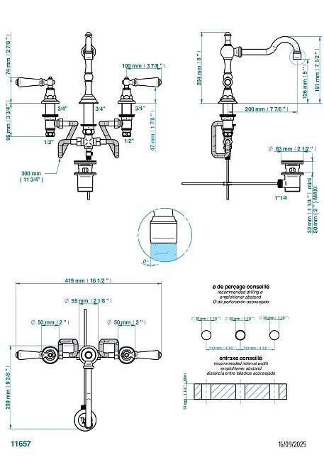 Смеситель THG 1900 a manettes для раковины на три отверстия устанавливаемый на борту с донным клапаном