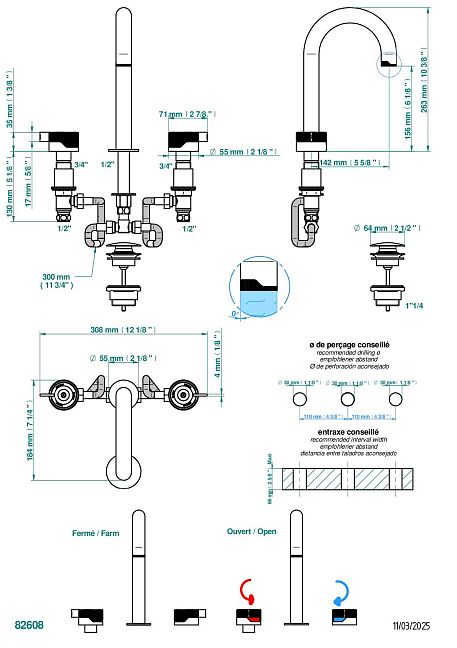 Смеситель для раковины THG Zoom.7 на три отверстия устанавливаемый на борту с донным клапаном - высокий излив