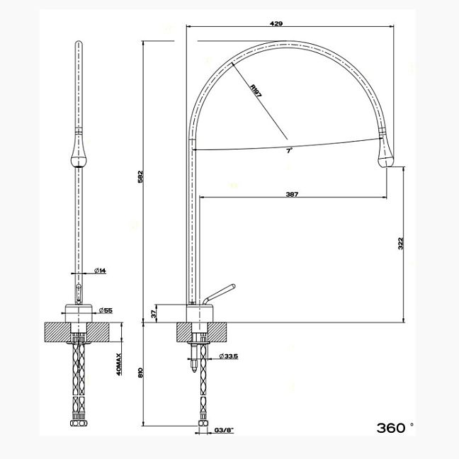 Gessi Goccia Смеситель для раковины на 1 отверстие, излив 387мм R=197, хром