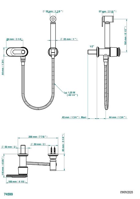 Душ гигиенический THG Corvair Portoro with lever вентиль, 1.25 м шланг, крючок, вывод для душа и лейка с клапаном
