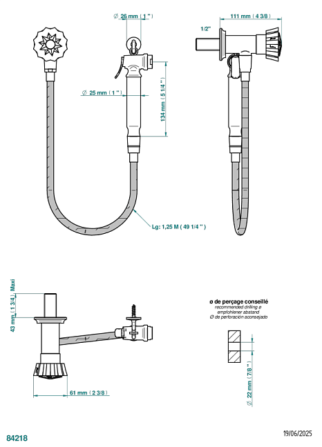 Душ гигиенический THG Mille Nuits - Brume crystal: вентиль, 1.25 м шланг, крючок, вывод для душа и лейка с клапаном