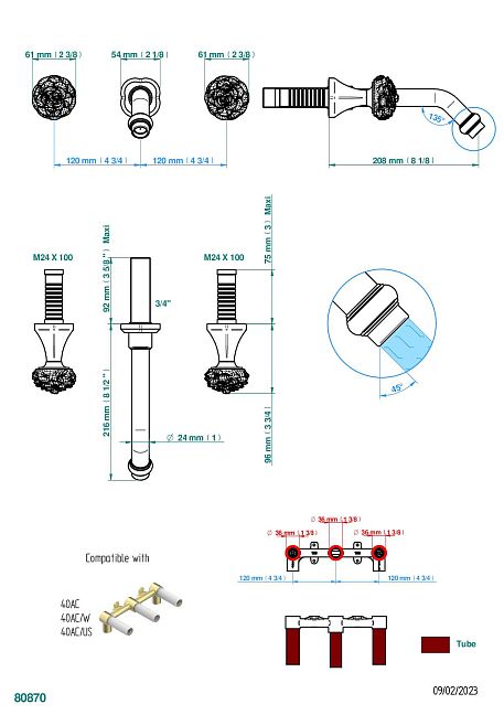 Внешняя часть смесителя THG Camelia Black Crystal встраиваемого в стену для раковины на три отверстия с изливом ГОЛИАФ