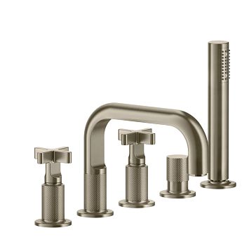 Gessi Inciso Смеситель для ванны на 5 отверстий с изливом, переключателем, ручным душем и шлангом 1,50 м, Finox Brushed Nickel