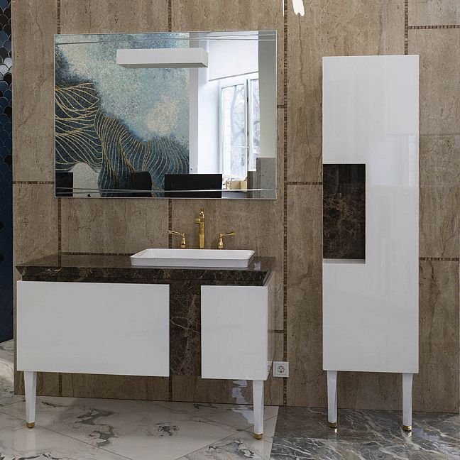 EXPO Комп.Mia Italia Tango Тумба 120х54см. Столешница мрамор Emperador Dark. Зеркало со светильником. Шкаф 34х45хh154см