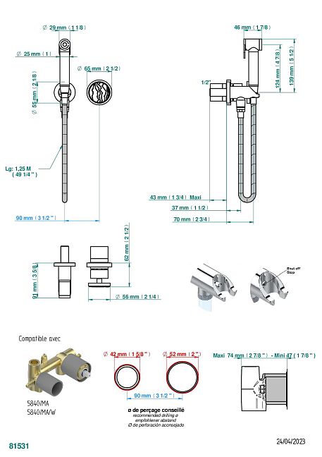 Комплект для душа THG Yoko Ice, включающий смеситель, армированный шланг 1 м 25 см, ручной душ с курковым распылителем, выход из стены и предохранительный запорный клапан