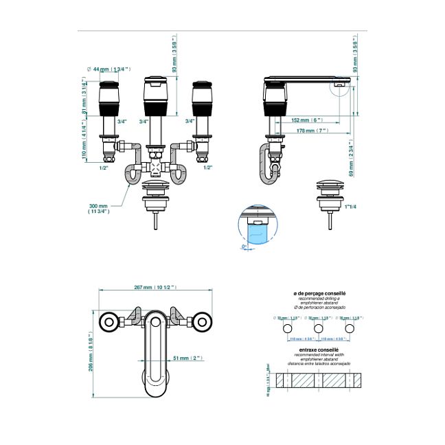 THG CORVAIR FIOR DI BOSCO Смеситель для раковины на 3 отверстия, с донным клапаном, цвет: Blush PVD