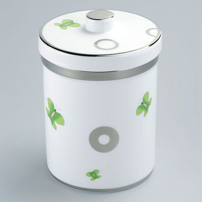 THG CAPUCINE VERT DECOR PLATINE Банка керамическая с крышкой, настольная, декор платина/зеленый, цвет: белый