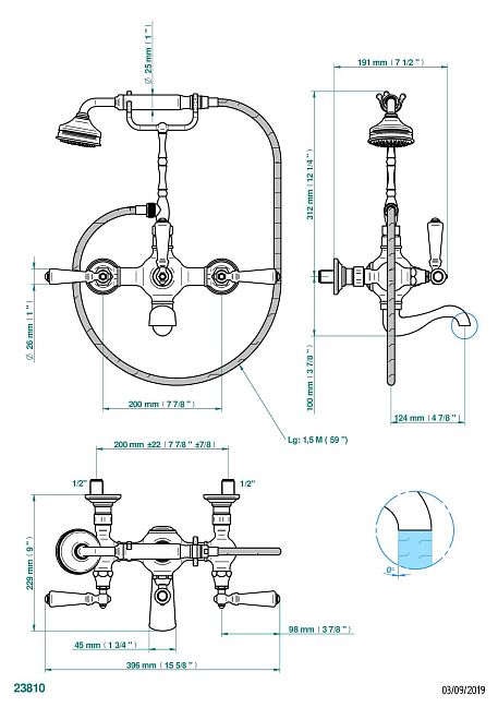 Смеситель THG 1900 a manettes "телефон" для ванны/душа встраиваемый в стену / переключатель - 200 между центрами