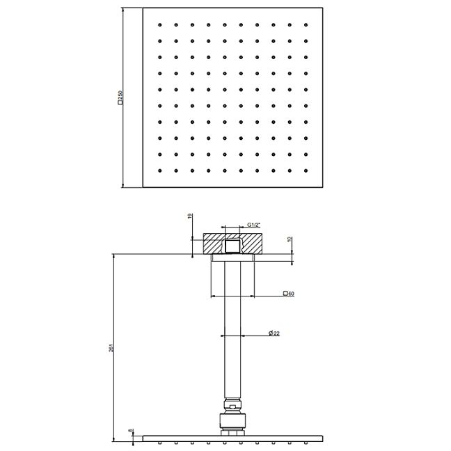Gessi Rilievo Потолочная душевая головка шарнирная 250x250 мм на 1/2, хром