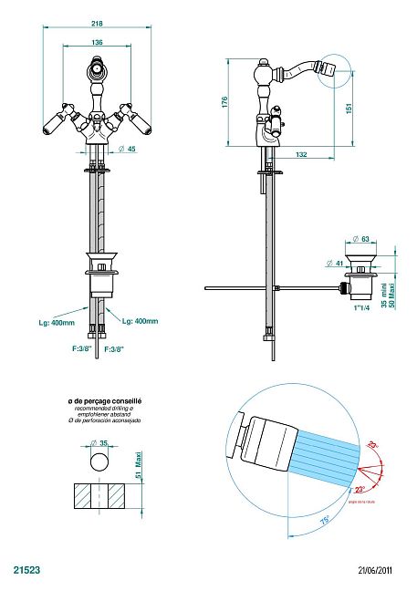 Смеситель для биде THG 1900 a manettes на одно отверстие с поворотным аэратором и донным клапаном