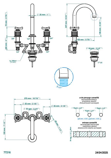 Смеситель для раковины  THG Hamptons на три отверстия устанавливаемый на борту с донным клапаном - высокий излив