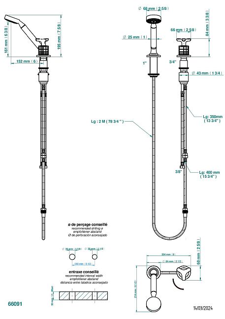Смеситель THG System Howlite устанавливаемый на борту с ручным душем с ручкой одновременной регулировки – потока/температуры