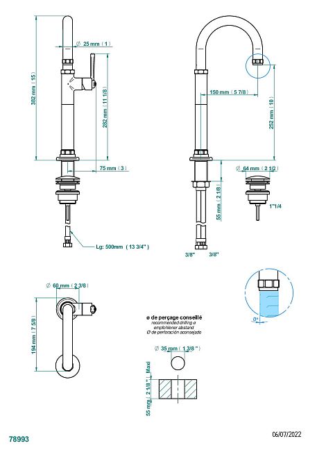 Смеситель THG Club Saint-Germain для раковины однорычажный с высоким изливом и донным клапаном
