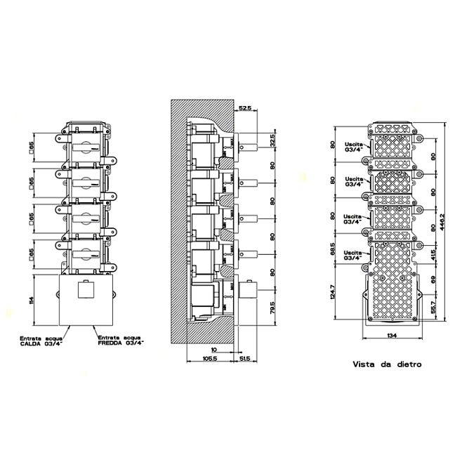 Gessi Rettangolo Встраиваемый термостат, подключение на 3/4, с 4мя независимыми выходами(внешние части), хром