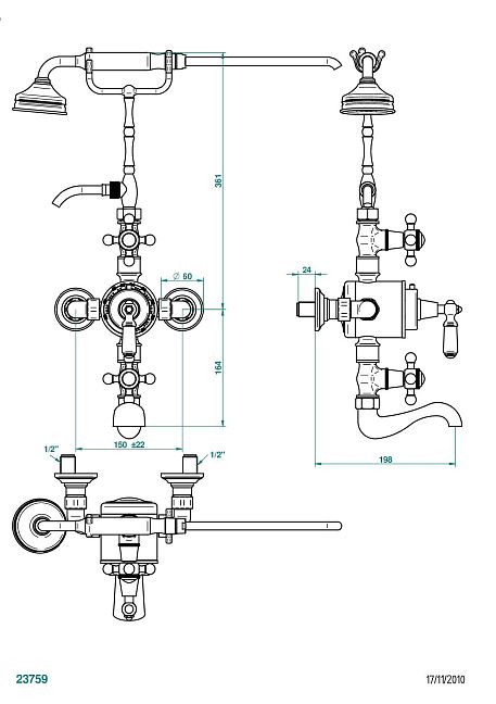 Смеситель  THG Charleston термостатический настенный для ванны/душа - запорные краны - 150 мм между центрами - с высокими телефонными рожками, душевая лейка и шланг 1,50 м (без верхней лейки)