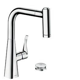 Смеситель для кухни Hansgrohe Metris Select M71 на 2 отв, поворотный излив: 21.1см с вытяжным душем, 2jet, h:22см, sBox, кнопка вкл/выкл, цвет: хром купить в Москве: интернет-магазин StudioArdo