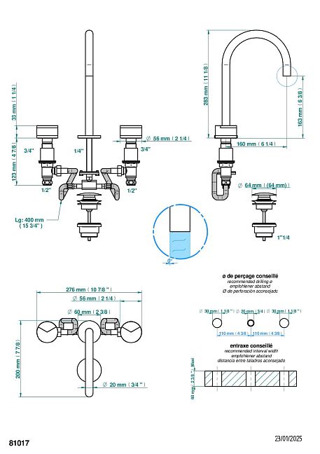 Смеситель THG Yoko Delta для раковины на три отверстия устанавливаемый на борту с донным клапаном