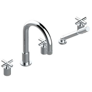 Смеситель THG Estrela для ванны и душа на 5 отверстий, со сверхвысоким изливом Goliath, 2 клапана 3/4", ручной душ на креплении на борт ванны и прогрессивным смесительным картриджем.