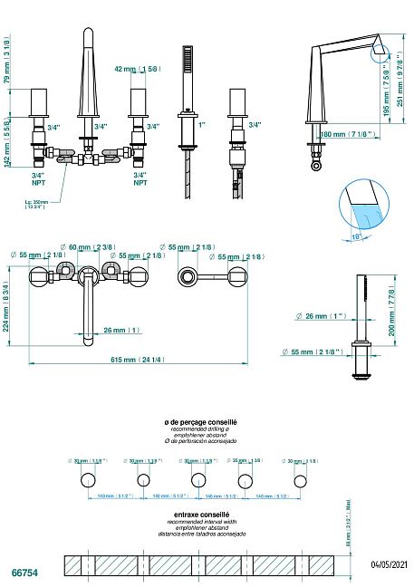 Смеситель  THG Montaigne marbre Grand Antique на борту ванны на 5 отверстий с душем, керамическим смесителем, 2 вентилями ¾" и изливом СУПЕР ГОЛИАФ