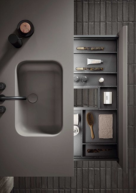Комплект мебели Oasis Naos, подвесной, столешница: Покрытие Purefeel "Grigio Pietra", Отделка: Матовый лакированный цвет "Grigio Pietra" (Каменный серый) / Матовый черный