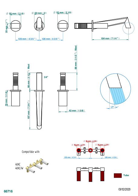 Внешняя часть смесителя THG Montaigne marbre Grand Antique встраиваемого в стену для раковины на три отверстия с изливом ГОЛИАФ